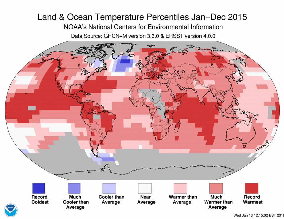 Land and Ocean temperature percentiles Jan-Dec2015